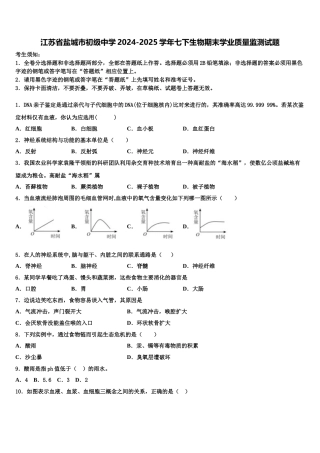 江苏省盐城市初级中学2024-2025学年七下生物期末学业质量监测试题含解析
