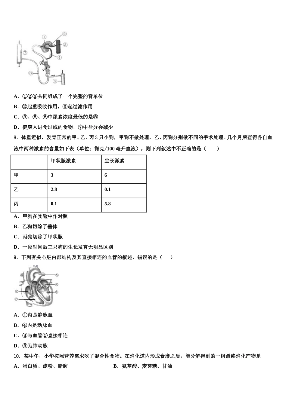 2025届江苏省苏州市常熟市第一中学生物七年级第二学期期末经典模拟试题含解析_第2页