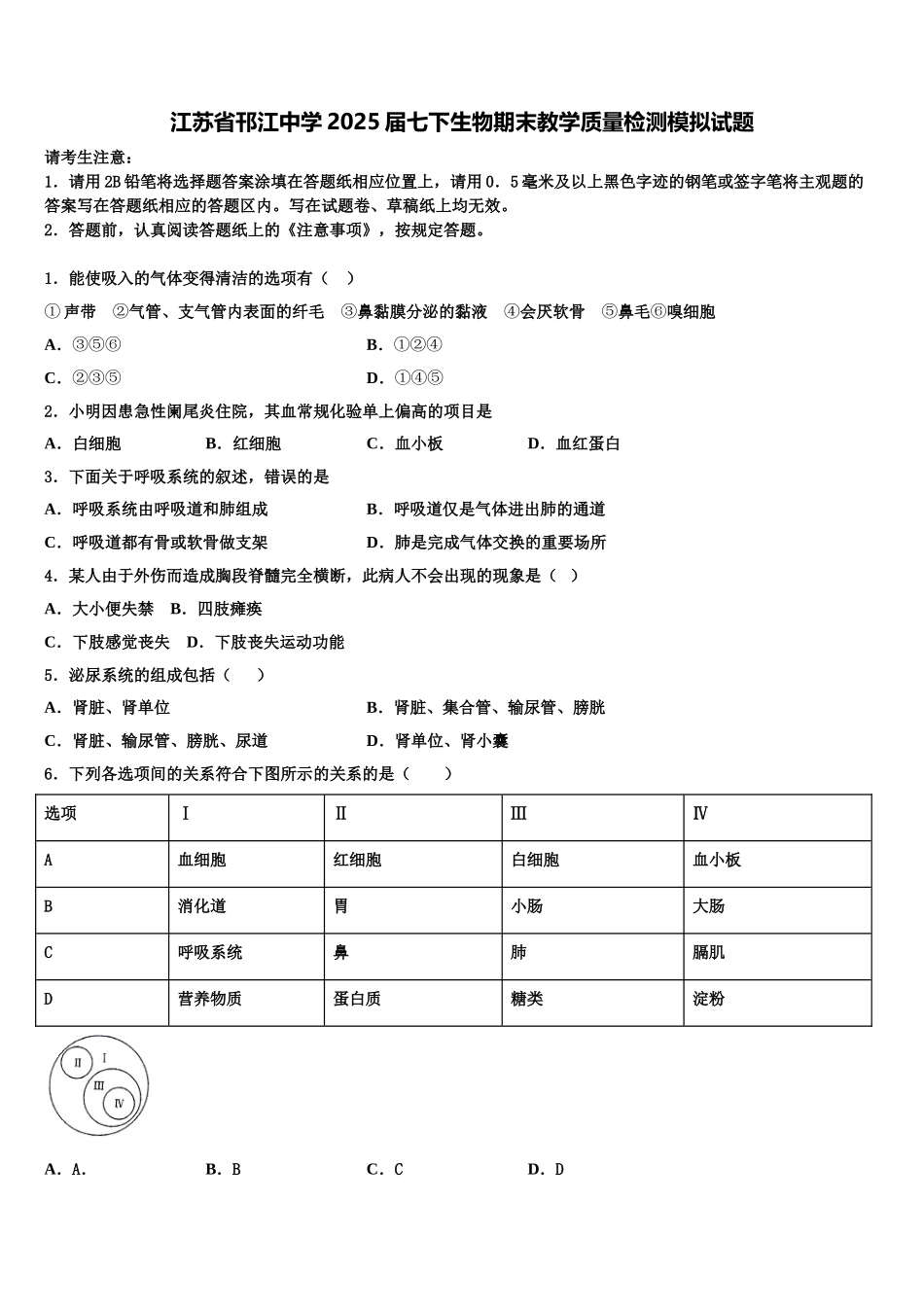 江苏省邗江中学2025届七下生物期末教学质量检测模拟试题含解析_第1页