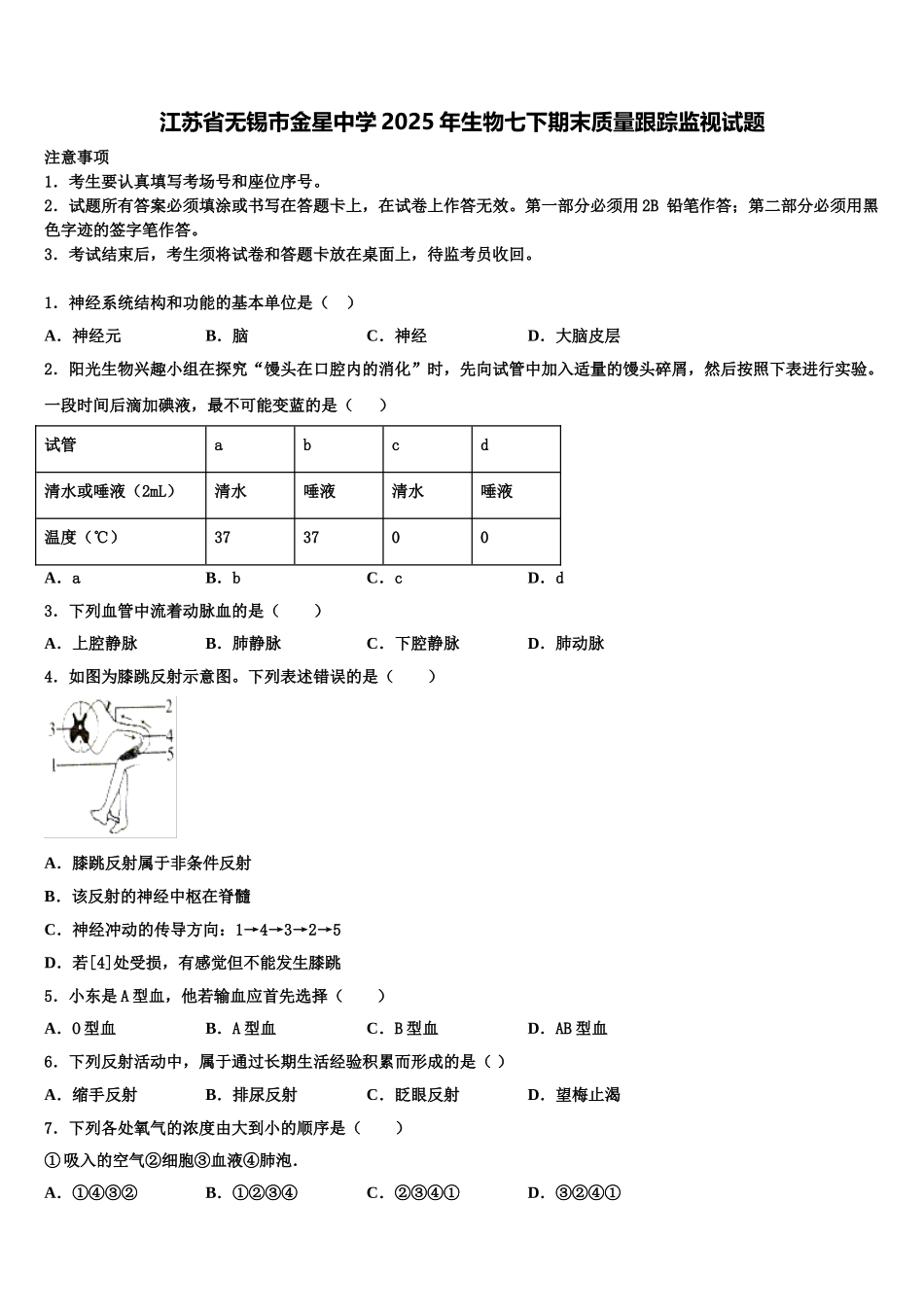 江苏省无锡市金星中学2025年生物七下期末质量跟踪监视试题含解析_第1页