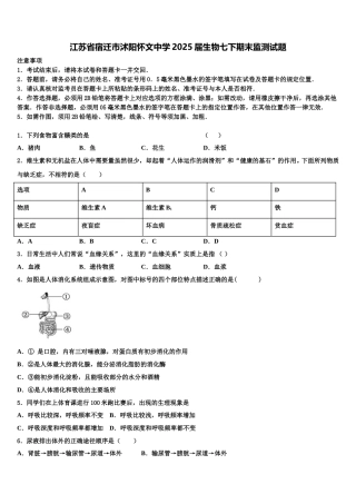 江苏省宿迁市沭阳怀文中学2025届生物七下期末监测试题含解析
