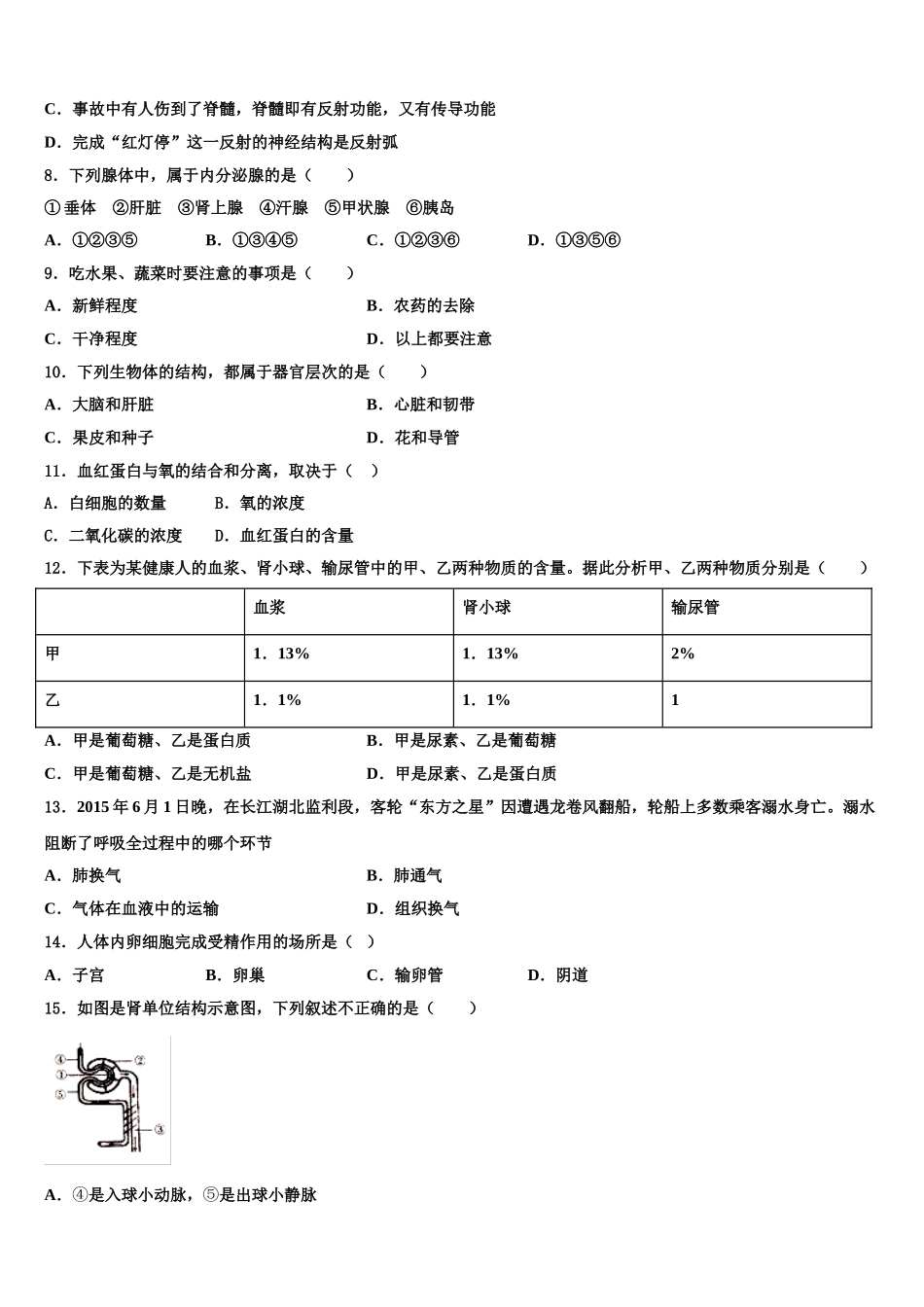 2025年江苏省无锡市辅仁中学生物七年级第二学期期末教学质量检测模拟试题含解析_第2页