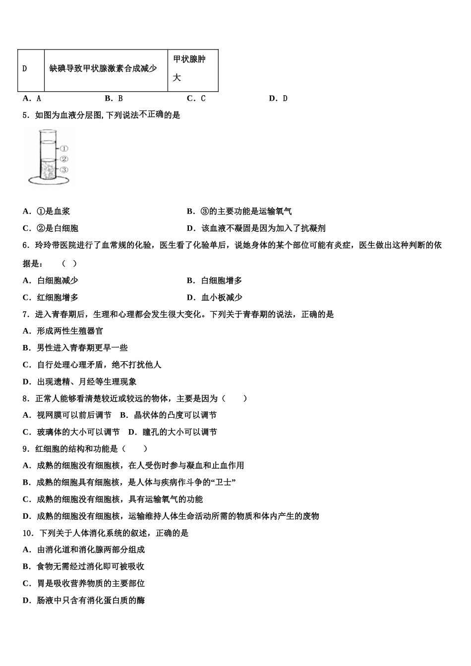徐州一中学云龙实验学校2024-2025学年生物七下期末复习检测试题含解析_第2页