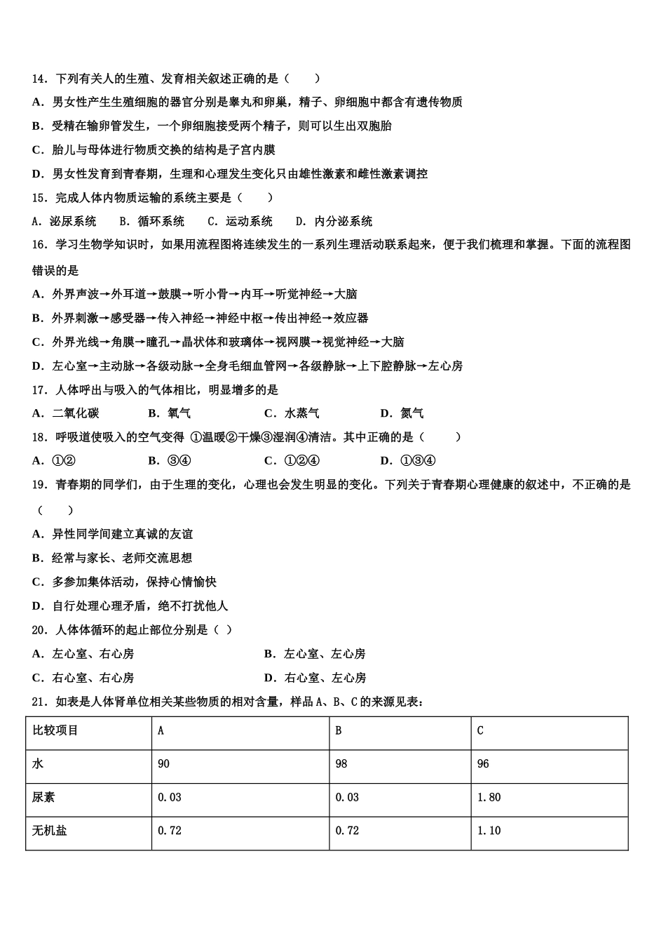2024-2025学年江苏省盐城市东台市第七联盟七下生物期末复习检测模拟试题含解析_第3页