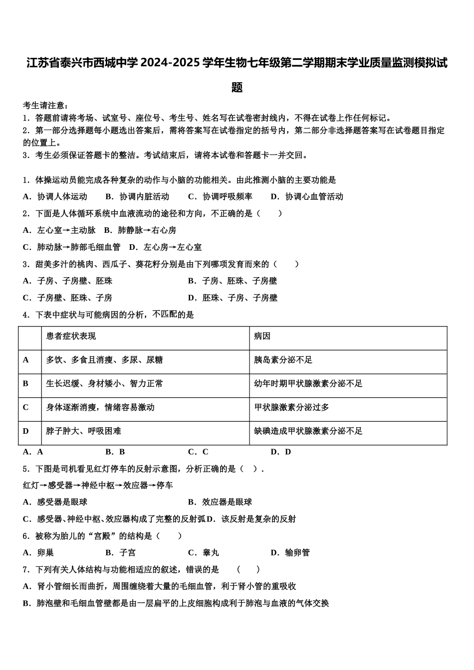 江苏省泰兴市西城中学2024-2025学年生物七年级第二学期期末学业质量监测模拟试题含解析_第1页