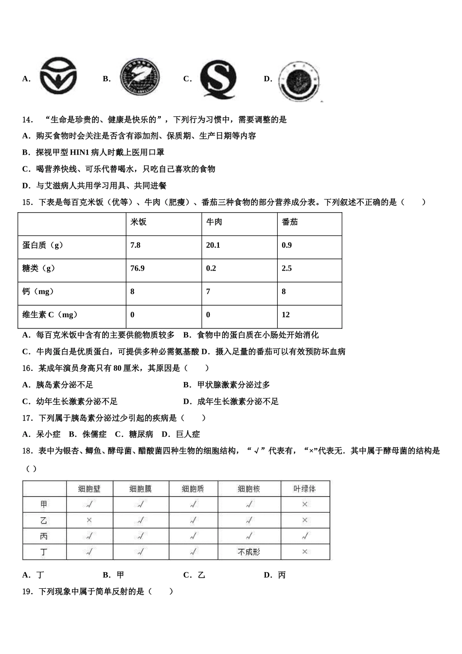 江苏省盐城市大丰2025届七年级生物第二学期期末经典模拟试题含解析_第3页