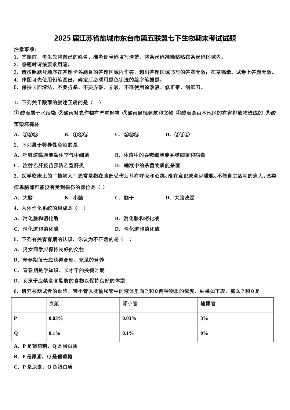 2025届江苏省盐城市东台市第五联盟七下生物期末考试试题含解析_第1页