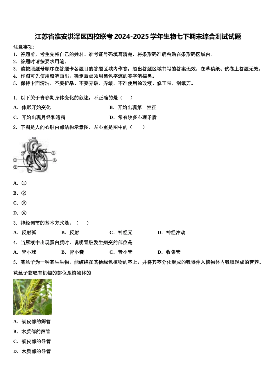 江苏省淮安洪泽区四校联考2024-2025学年生物七下期末综合测试试题含解析_第1页