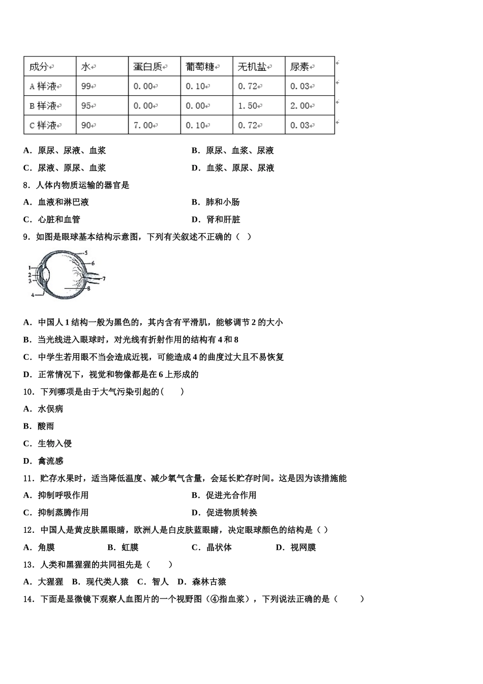 江苏省扬州市枣林湾学校2024-2025学年生物七年级第二学期期末质量检测试题含解析_第2页