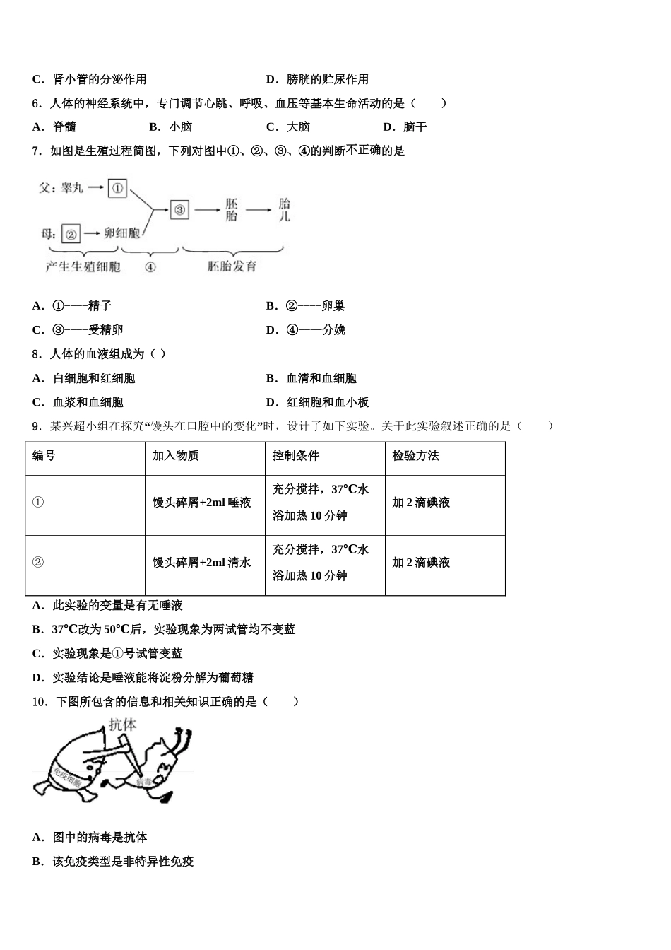 江苏省江阴市长泾二中学2025年七年级生物第二学期期末联考模拟试题含解析_第2页