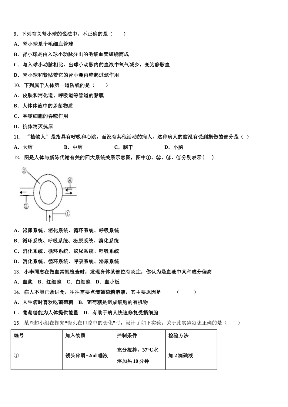 2025年江苏省淮安市淮阴区淮阴师院附属中学生物七年级第二学期期末考试模拟试题含解析_第2页
