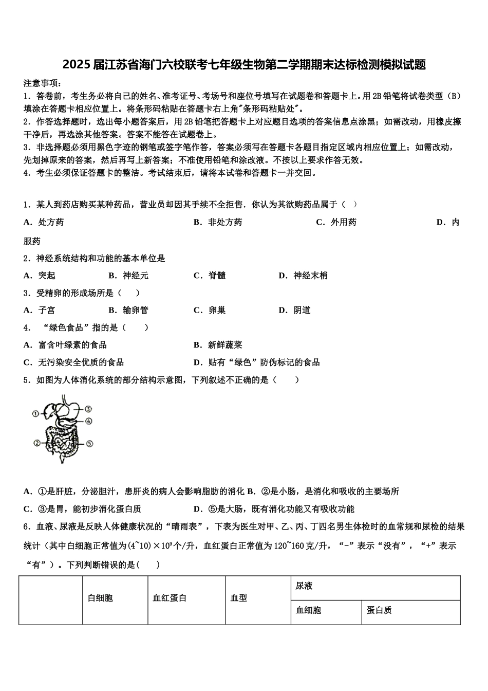 2025届江苏省海门六校联考七年级生物第二学期期末达标检测模拟试题含解析_第1页