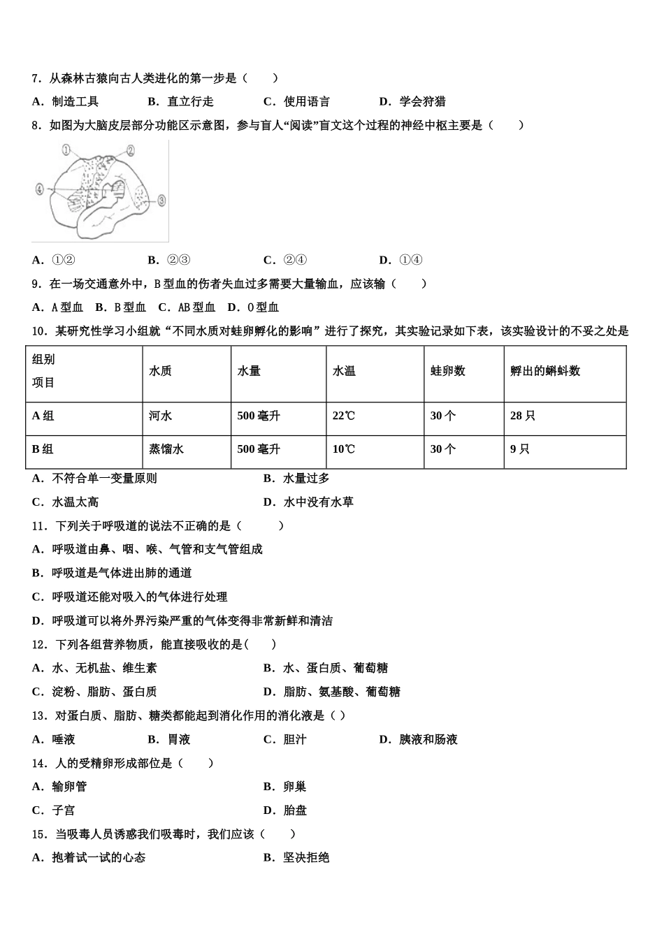 江苏省兴化市四校联考2024-2025学年七年级生物第二学期期末学业水平测试试题含解析_第2页