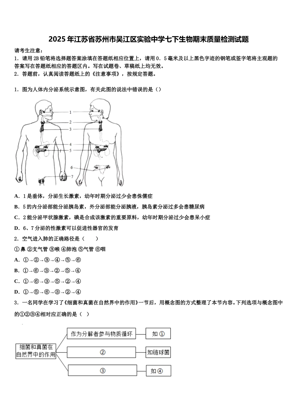 2025年江苏省苏州市吴江区实验中学七下生物期末质量检测试题含解析_第1页