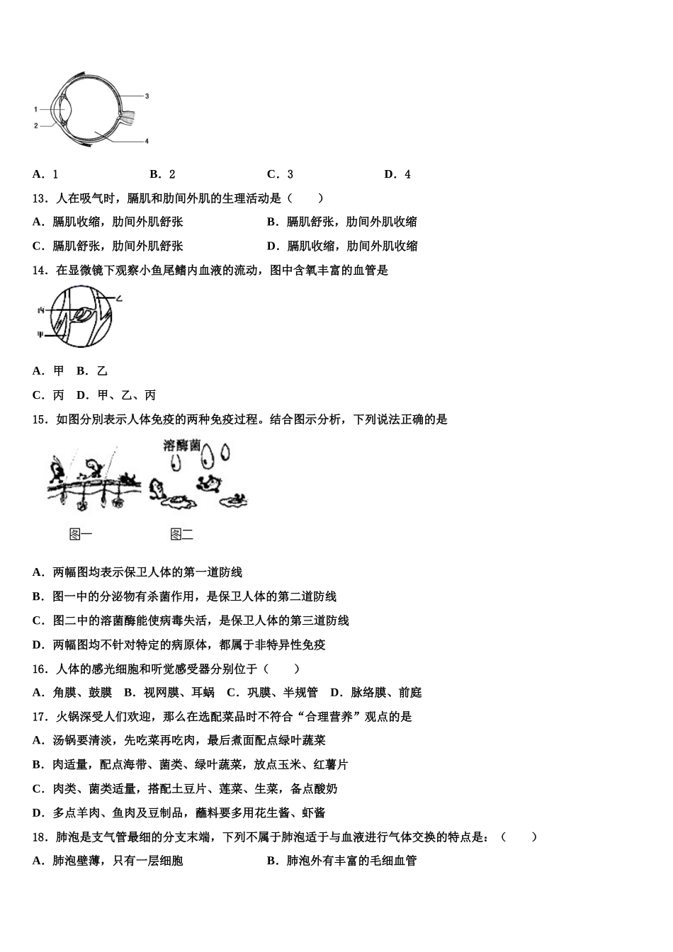 2025届江苏省张家港市第一中学生物七年级第二学期期末检测试题含解析_第3页
