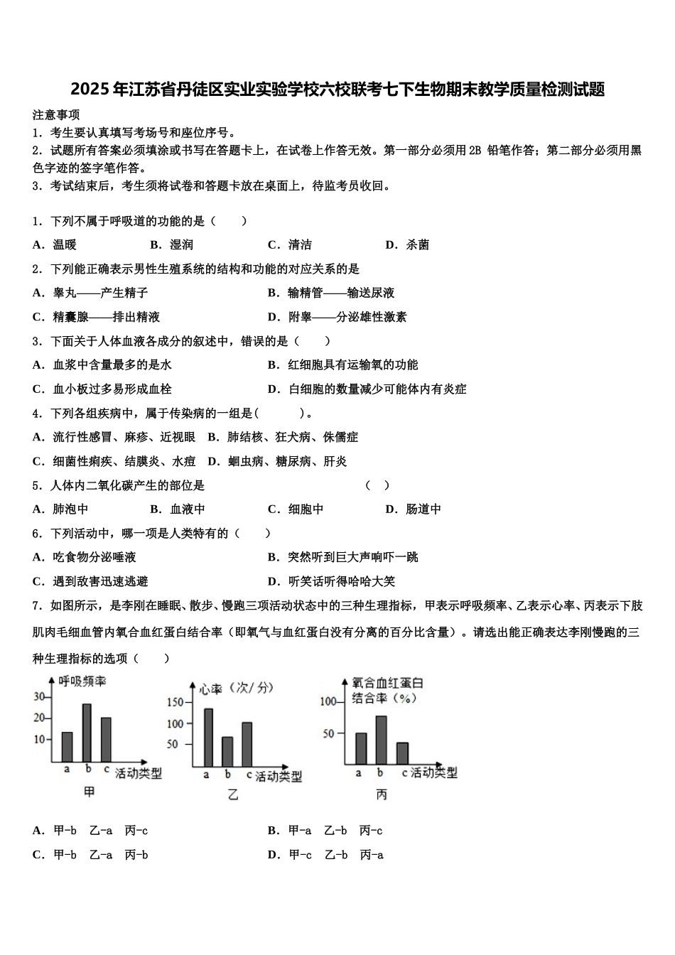 2025年江苏省丹徒区实业实验学校六校联考七下生物期末教学质量检测试题含解析_第1页