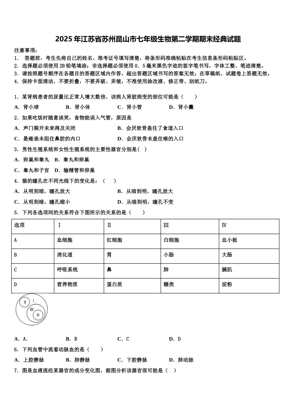 2025年江苏省苏州昆山市七年级生物第二学期期末经典试题含解析_第1页