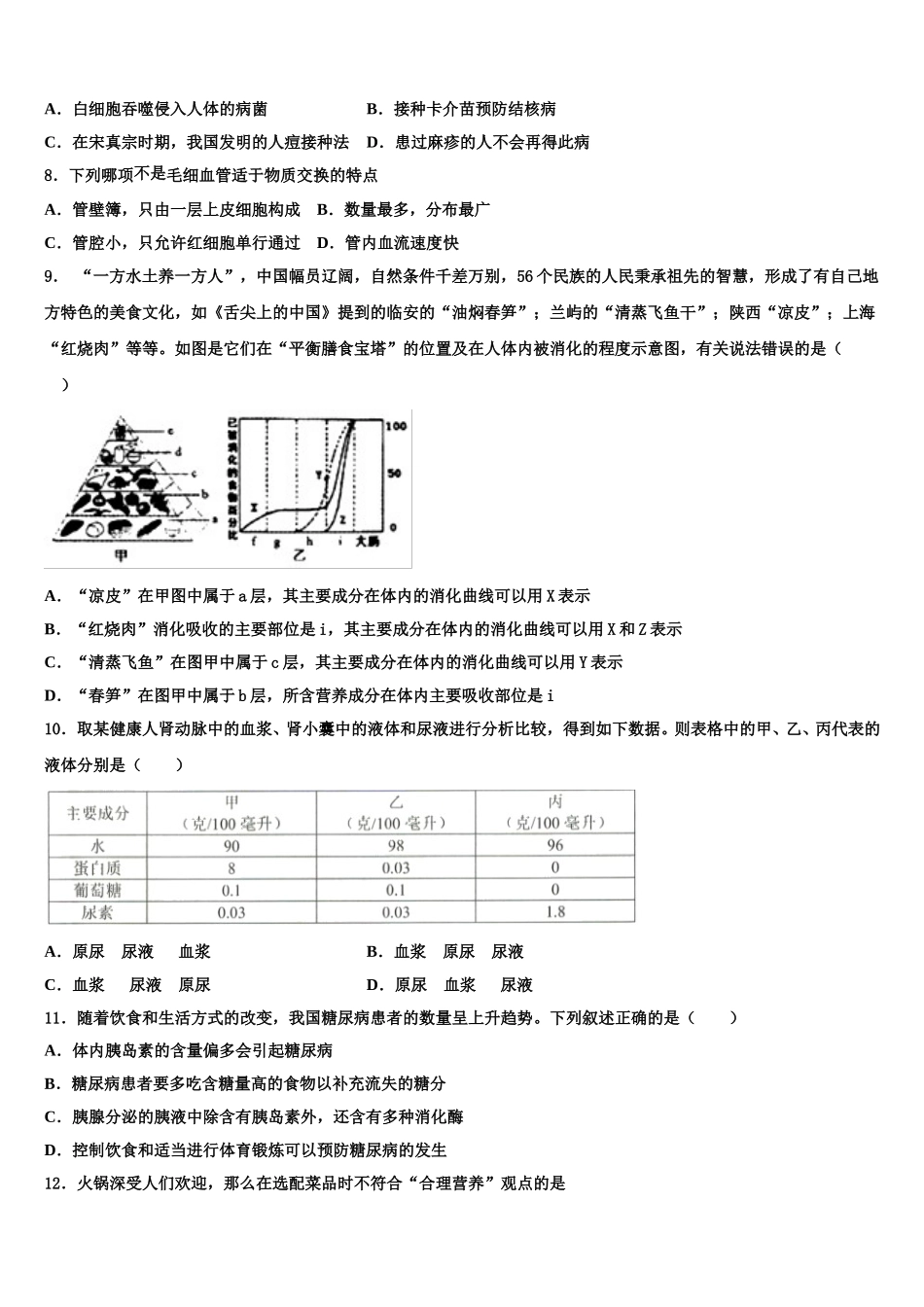 江苏省淮安市田家炳中学2024-2025学年七年级生物第二学期期末监测模拟试题含解析_第2页