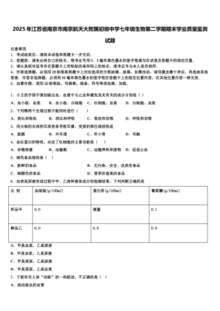 2025年江苏省南京市南京航天大附属初级中学七年级生物第二学期期末学业质量监测试题含解析