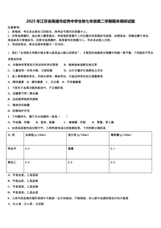 2025年江苏省南通市启秀中学生物七年级第二学期期末调研试题含解析
