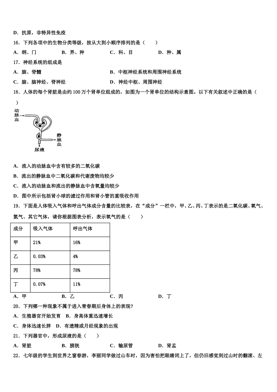 2025届江苏省泰州市姜堰区张甸初级中学七下生物期末质量跟踪监视试题含解析_第3页