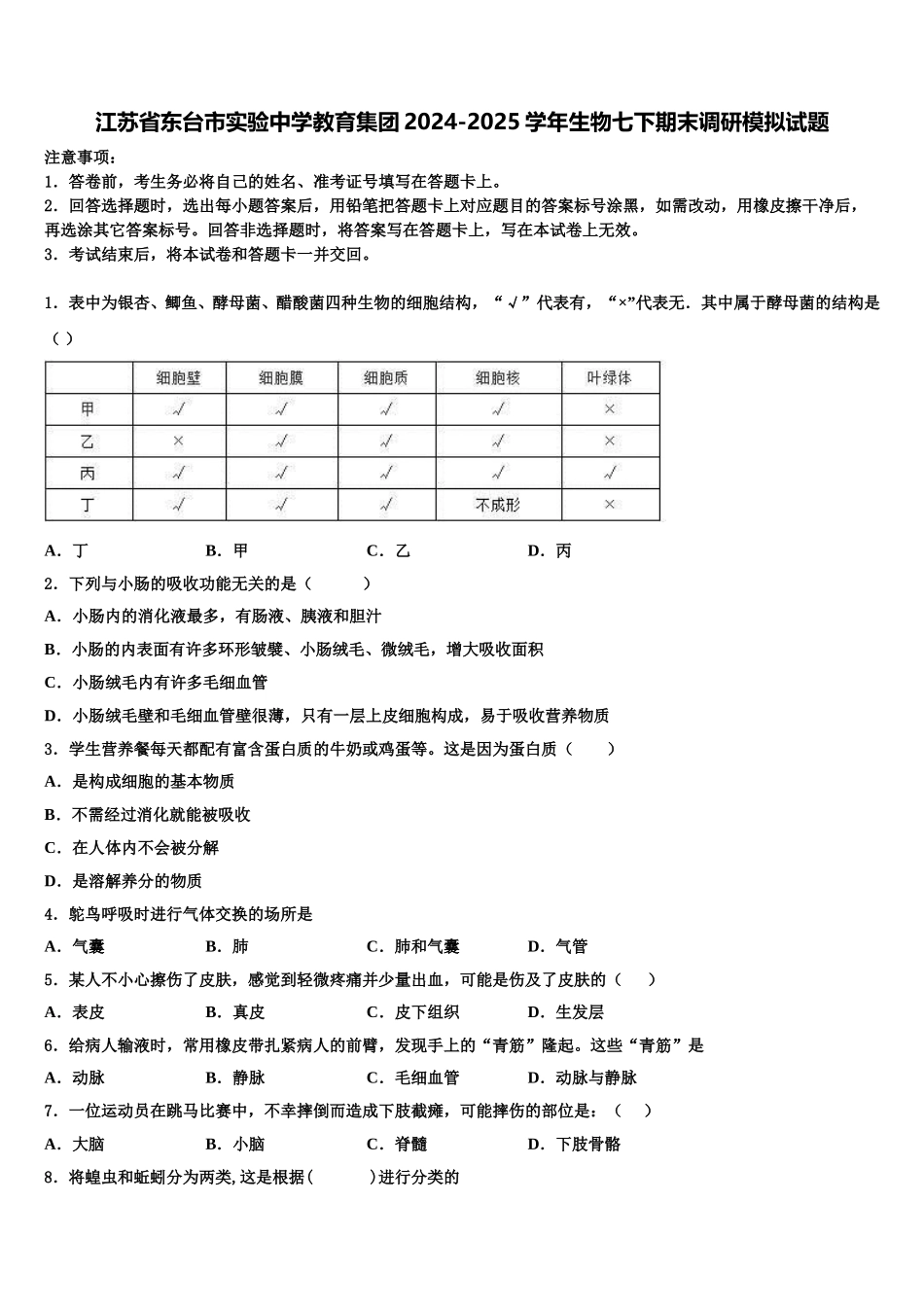 江苏省东台市实验中学教育集团2024-2025学年生物七下期末调研模拟试题含解析_第1页