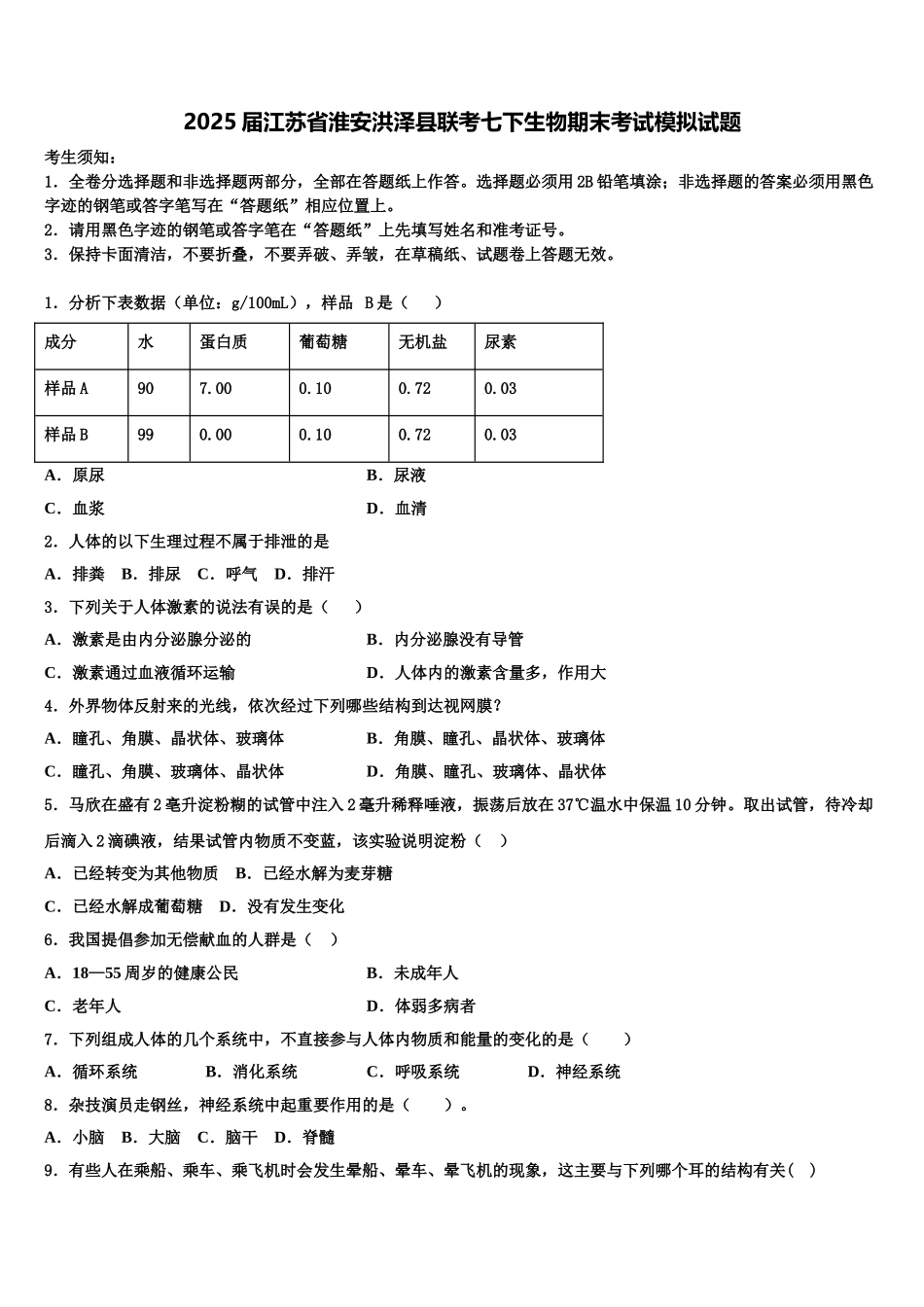 2025届江苏省淮安洪泽县联考七下生物期末考试模拟试题含解析_第1页