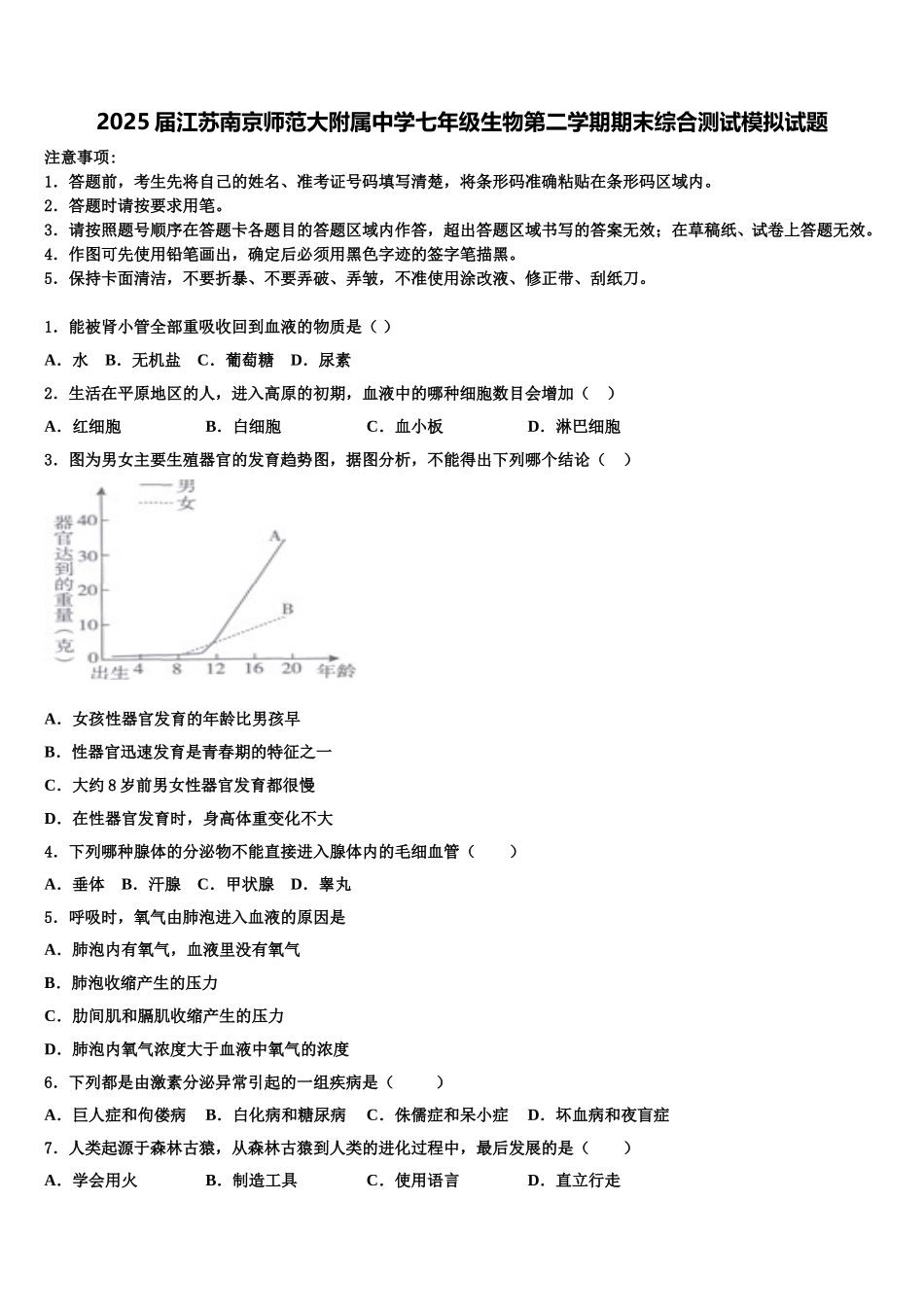 2025届江苏南京师范大附属中学七年级生物第二学期期末综合测试模拟试题含解析_第1页