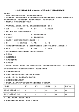 江苏省无锡市宜兴市2024-2025学年生物七下期末检测试题含解析
