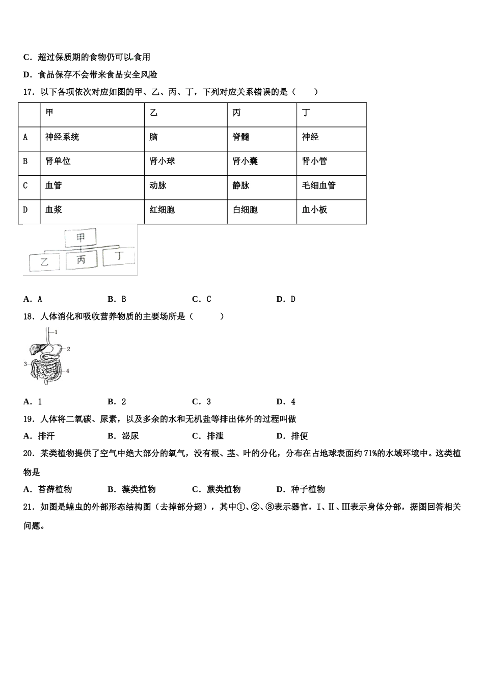 2025届江苏省苏北地区生物七下期末质量检测模拟试题含解析_第3页