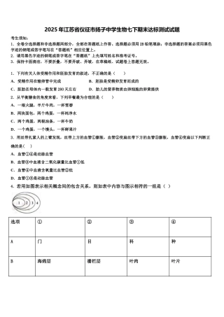 2025年江苏省仪征市扬子中学生物七下期末达标测试试题含解析