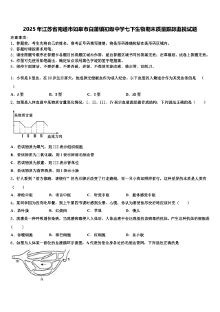 2025年江苏省南通市如皋市白蒲镇初级中学七下生物期末质量跟踪监视试题含解析