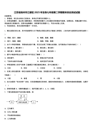 江苏省扬州市江都区2025年生物七年级第二学期期末综合测试试题含解析