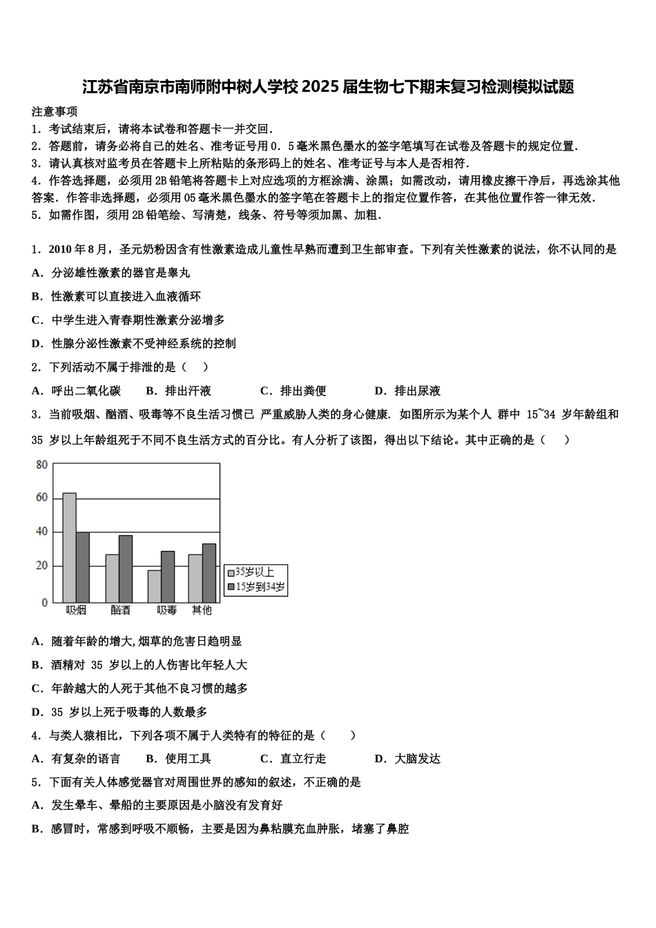 江苏省南京市南师附中树人学校2025届生物七下期末复习检测模拟试题含解析_第1页