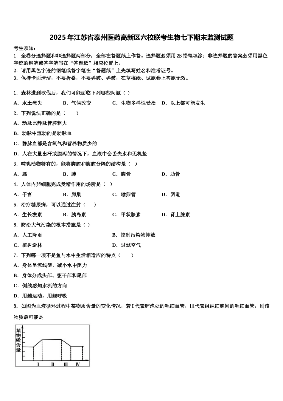 2025年江苏省泰州医药高新区六校联考生物七下期末监测试题含解析_第1页