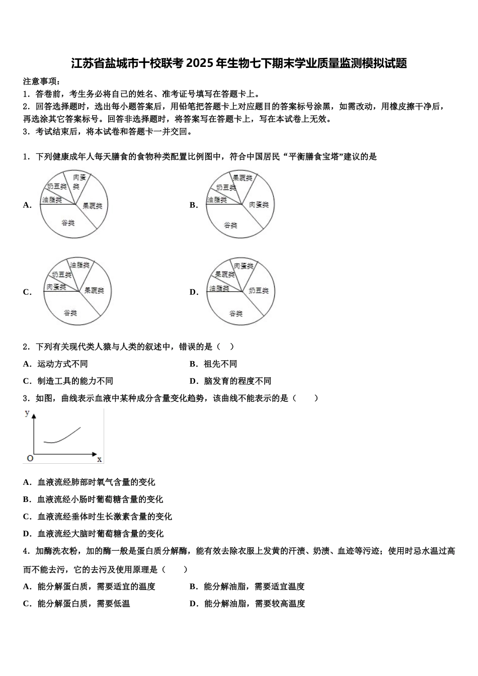 江苏省盐城市十校联考2025年生物七下期末学业质量监测模拟试题含解析_第1页