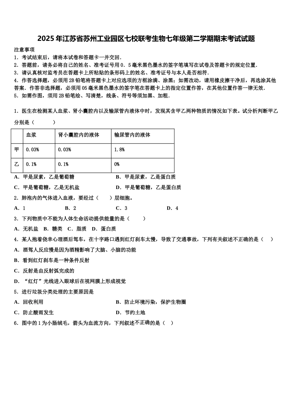 2025年江苏省苏州工业园区七校联考生物七年级第二学期期末考试试题含解析_第1页