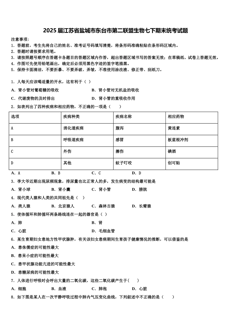 2025届江苏省盐城市东台市第二联盟生物七下期末统考试题含解析_第1页