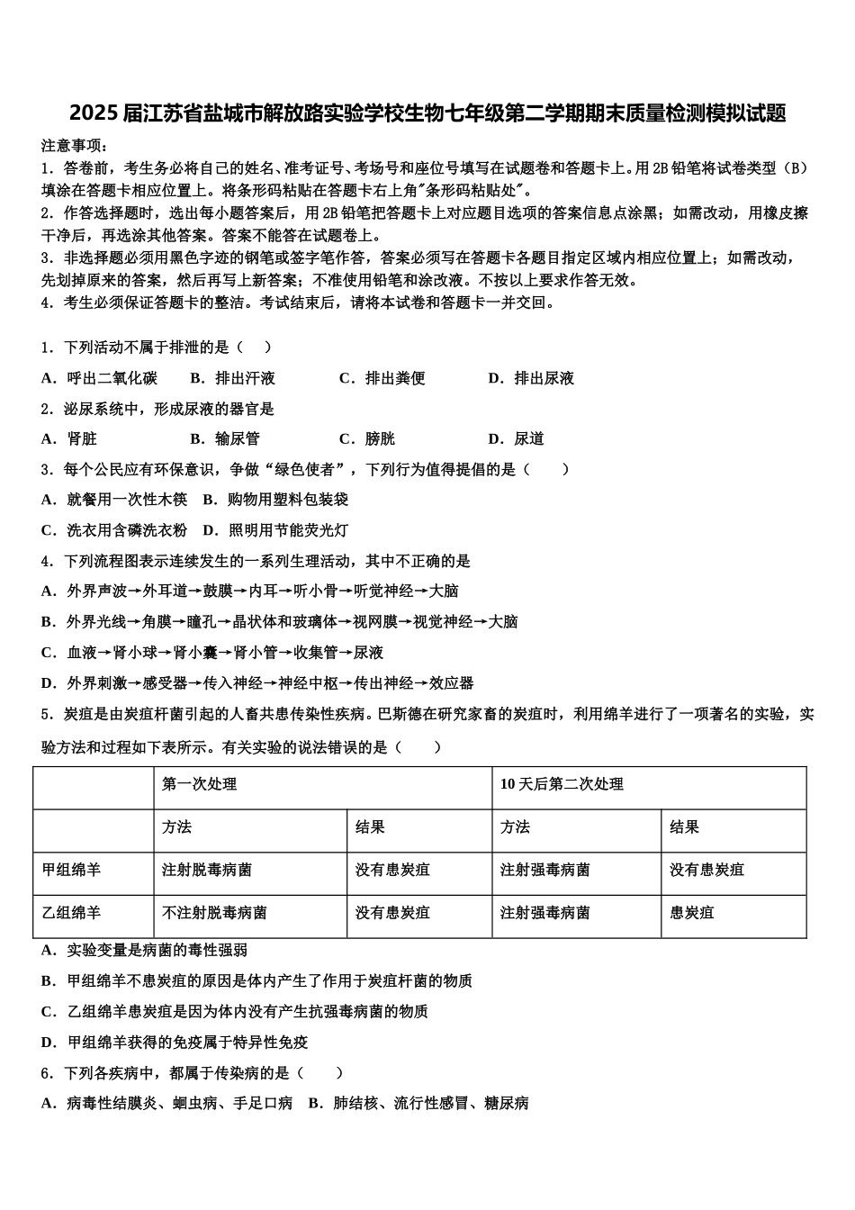 2025届江苏省盐城市解放路实验学校生物七年级第二学期期末质量检测模拟试题含解析_第1页