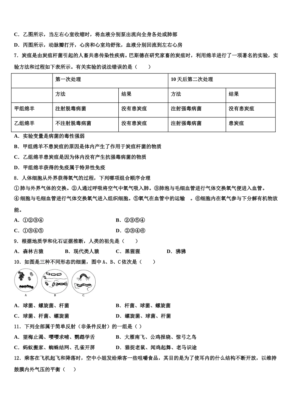 江苏省无锡市刘潭中学2024-2025学年生物七年级第二学期期末学业水平测试模拟试题含解析_第2页