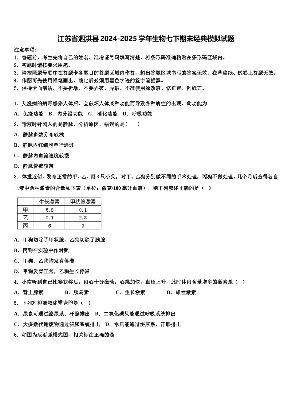 江苏省泗洪县2024-2025学年生物七下期末经典模拟试题含解析_第1页