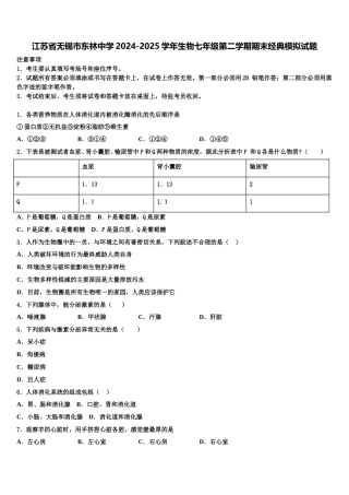 江苏省无锡市东林中学2024-2025学年生物七年级第二学期期末经典模拟试题含解析