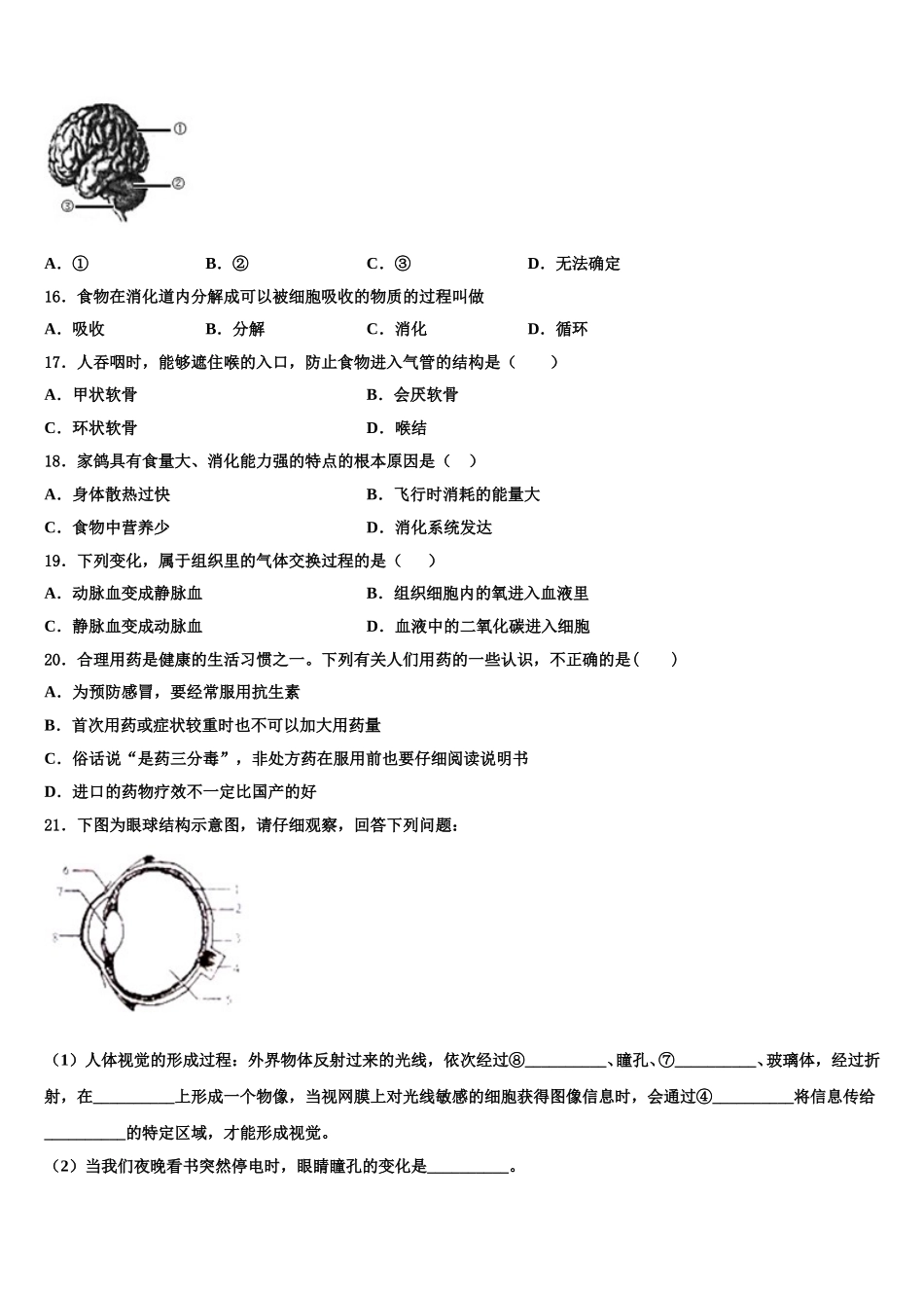 2025年江苏省苏州市张家港市梁丰中学七年级生物第二学期期末考试试题含解析_第3页