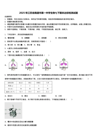 2025年江苏省南通市第一中学生物七下期末达标检测试题含解析