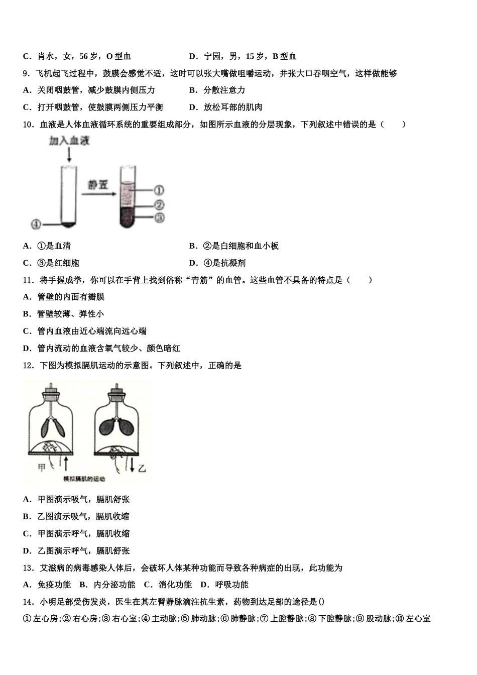 2025年江苏省苏州市东山中学七下生物期末教学质量检测试题含解析_第2页