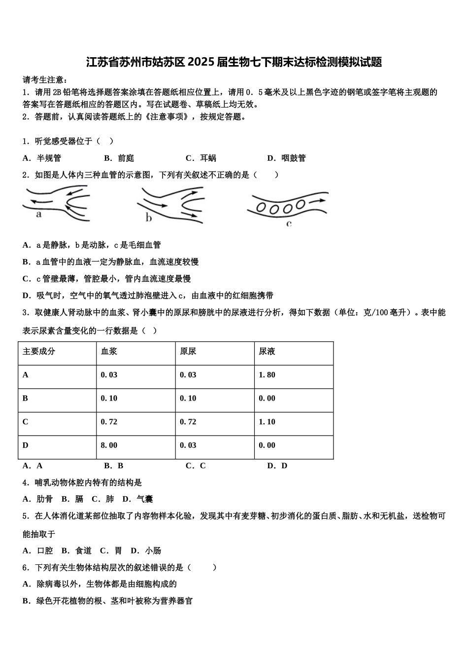 江苏省苏州市姑苏区2025届生物七下期末达标检测模拟试题含解析_第1页