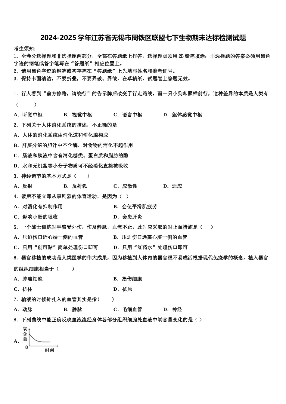2024-2025学年江苏省无锡市周铁区联盟七下生物期末达标检测试题含解析_第1页