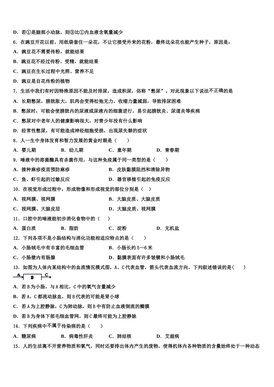 2024-2025学年江苏省连云港市岗埠中学七下生物期末预测试题含解析_第2页