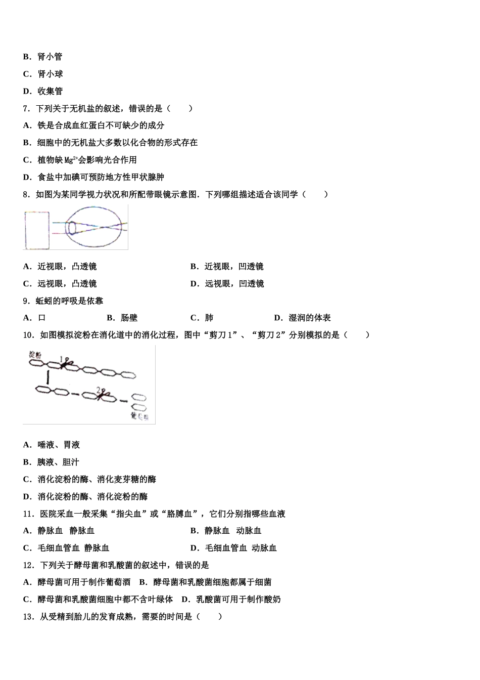 2025年江苏省盐城市东台市第四联盟七年级生物第二学期期末复习检测试题含解析_第2页