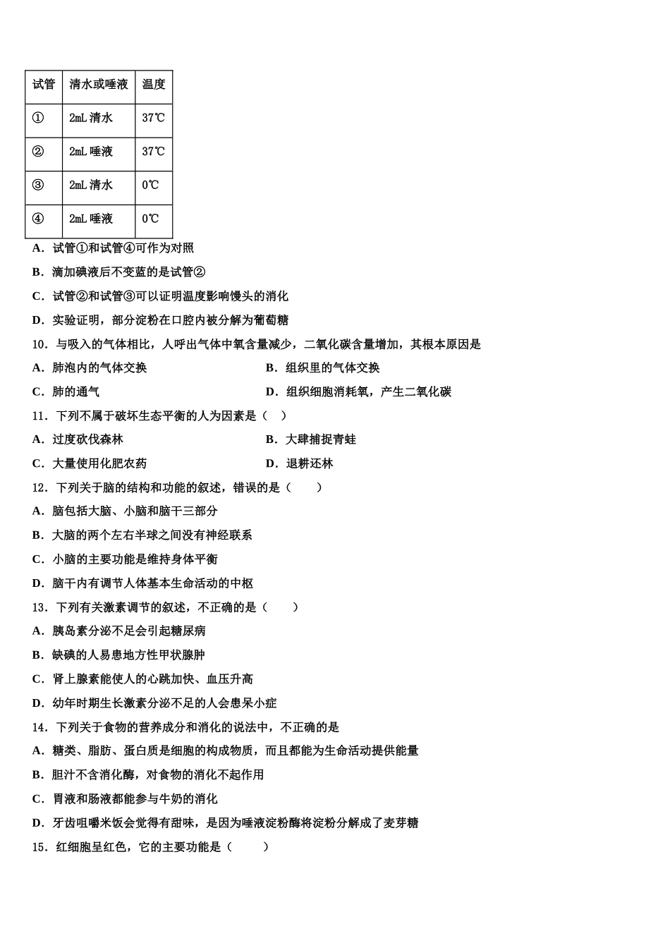 2025届江苏省南通市长江中学七年级生物第二学期期末联考模拟试题含解析_第2页